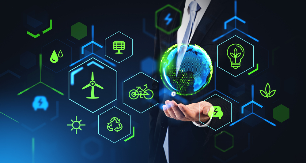 Man hand showing green energy interface